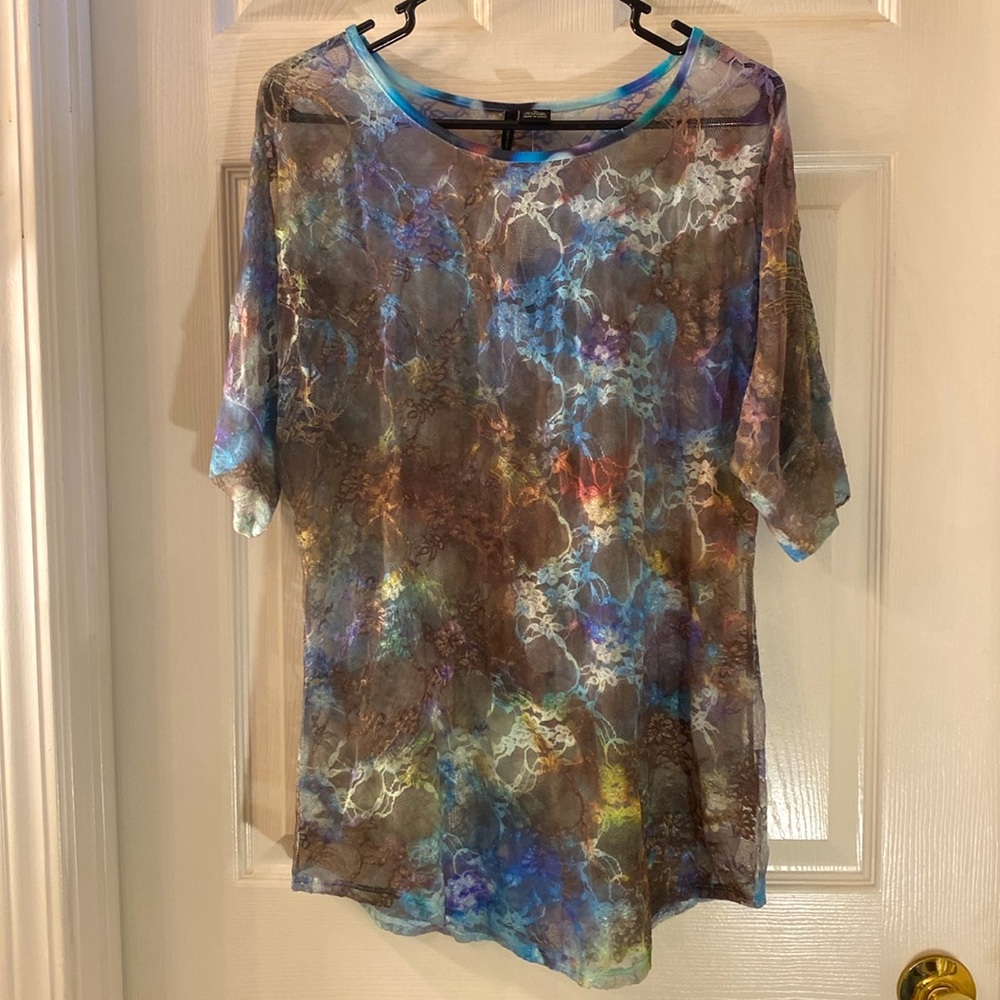 NEW DIRECTIONS Blue Combo Mesh Fun Sheer Top NWTs - Picture 3 of 11